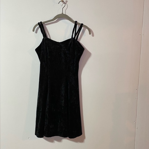Vintage Crushed Velvet Black Mini Dress with Double Straps, Size M (fits like S) - Picture 1 of 11